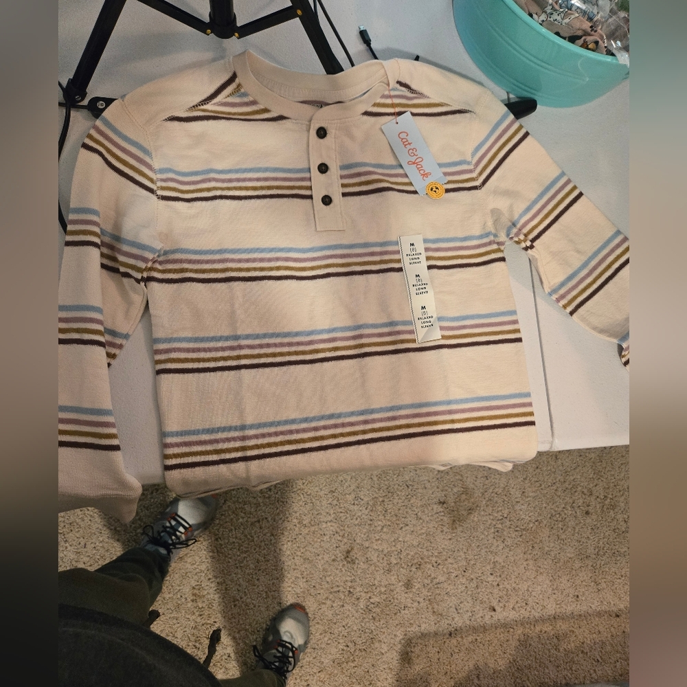 Cat & Jack Kids Button Down Shirt - Cream with Brown and Blue Stripes 7/8